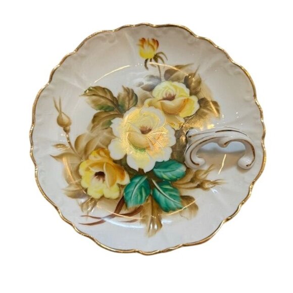 Vintage Japan Floral Saucer With Handle & Gold Trim Scalloped Edge - Picture 1 of 6
